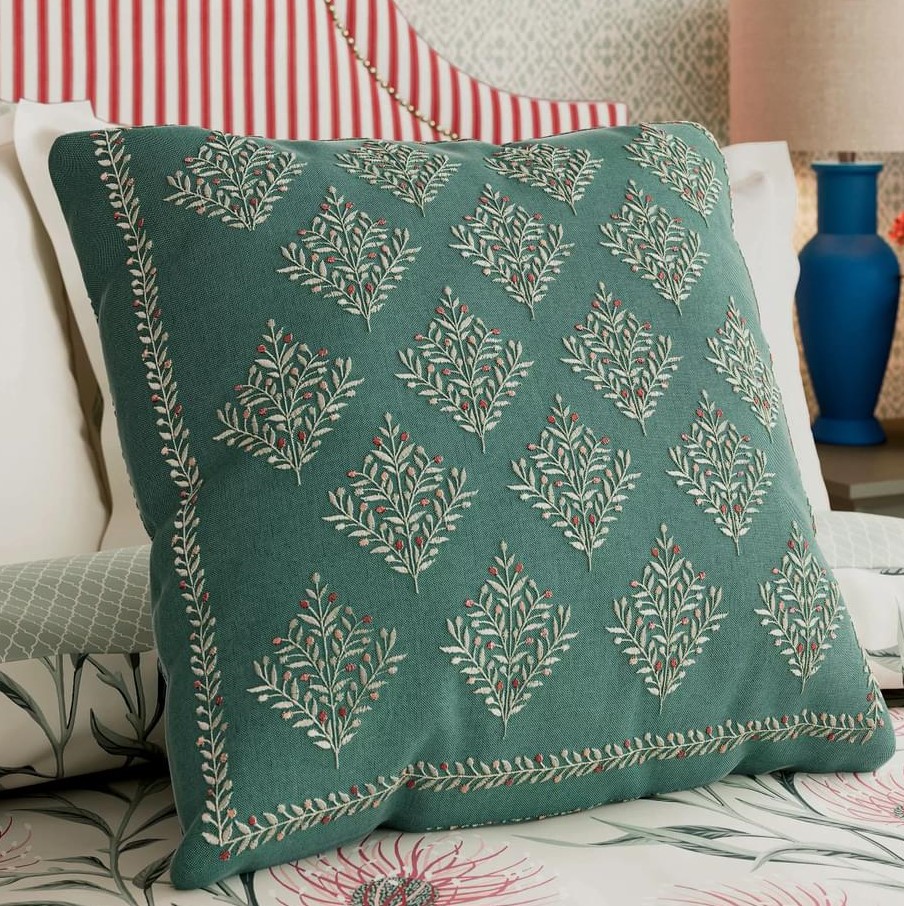 Catherinae Cushion By Sanderson X National Trust In Fuchsia Green